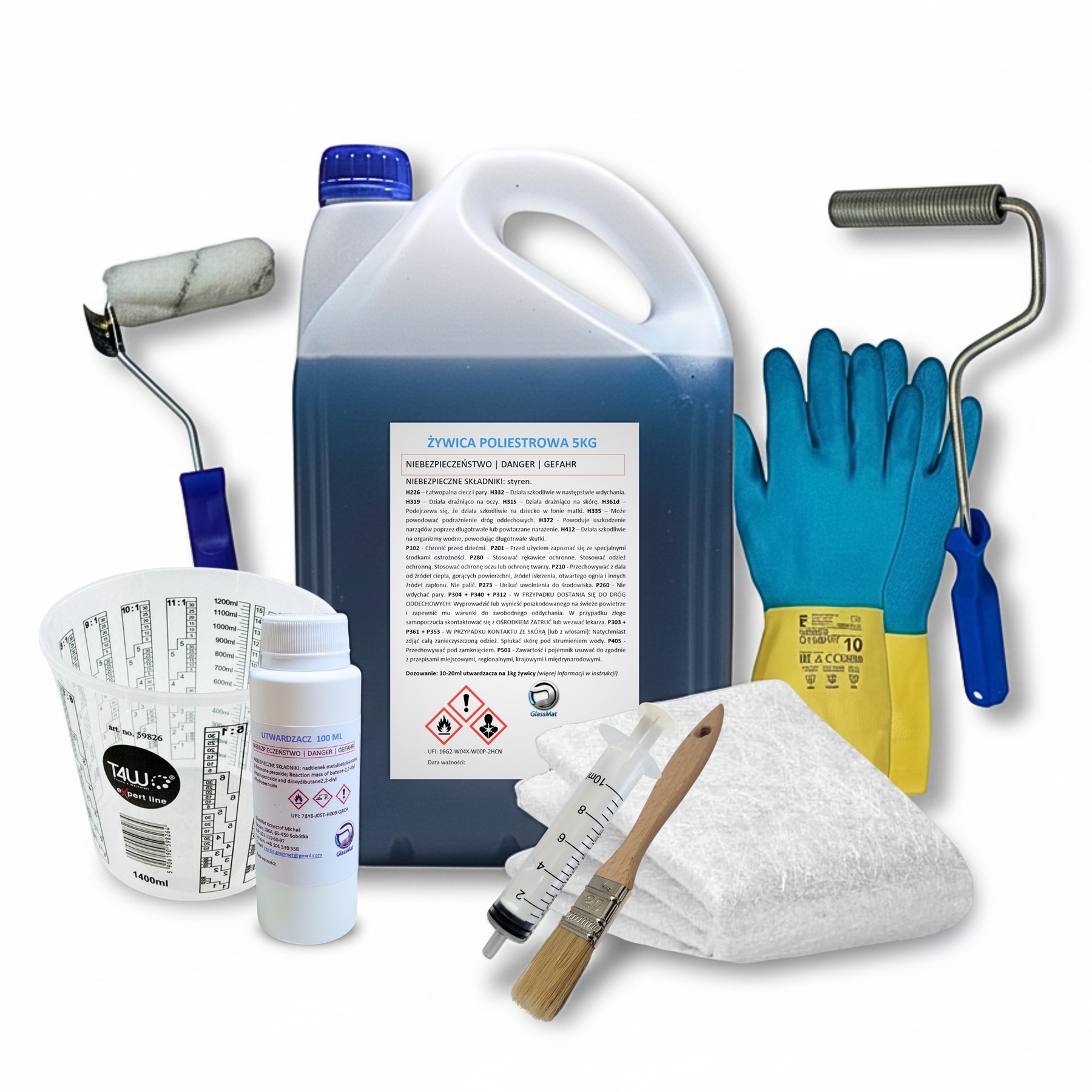 Kompletny zestaw: wałek + rękawice + kubek + pędzel + wałek szkutniczy