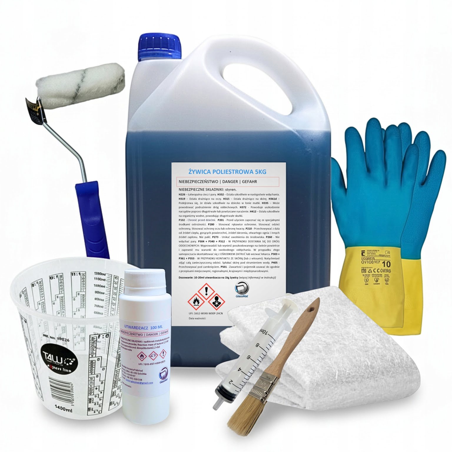 Zestaw 5kg żywicy i 5m2 maty szklanej 450 g/m² + wałek + rękawice + kubek + pędzel